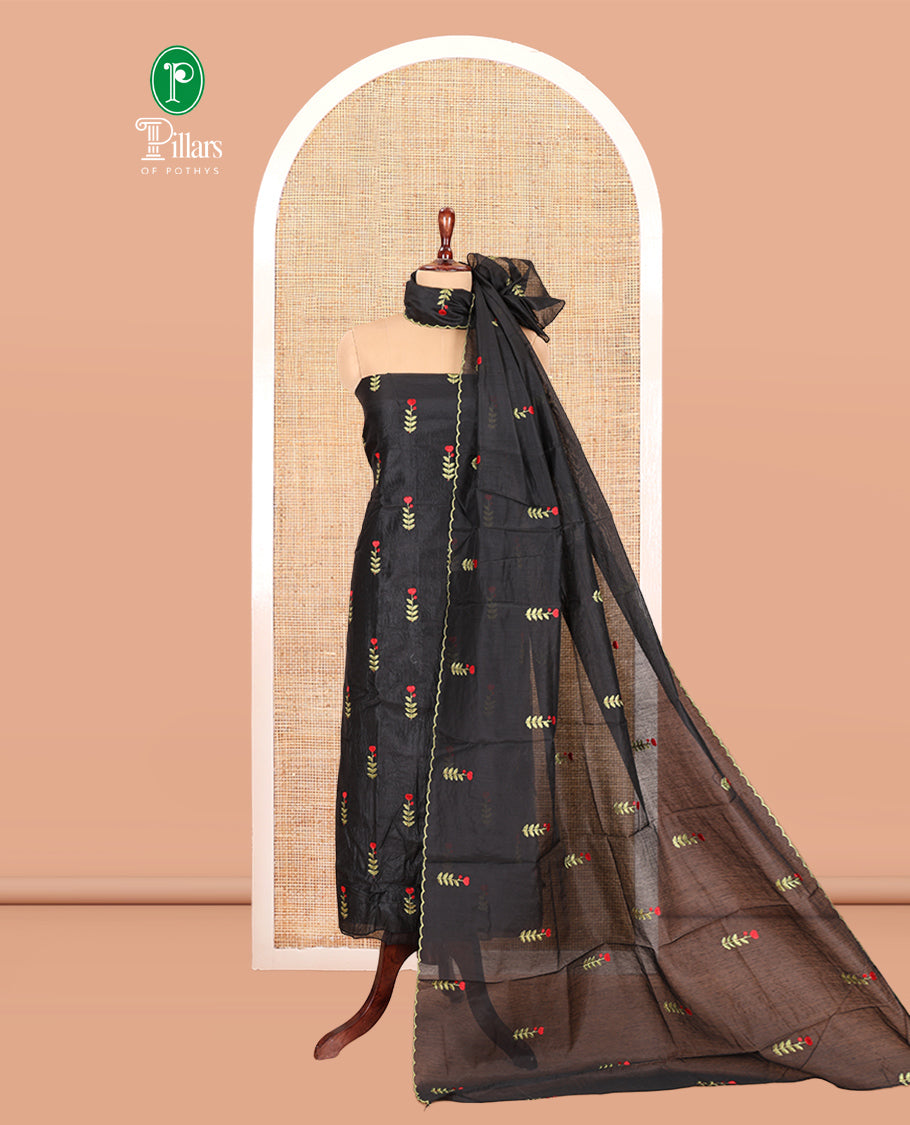 Black Mul Chanderi Material Chudidar, Floral Embroidery Top, Matching Bottom, Embroidery Dupatta