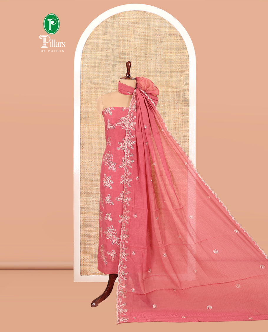 Onion Pink Mul Crush Chanderi Material Chudiddar, Floral Embroidered Top, Plain Bottom, Embroidered Dupatta