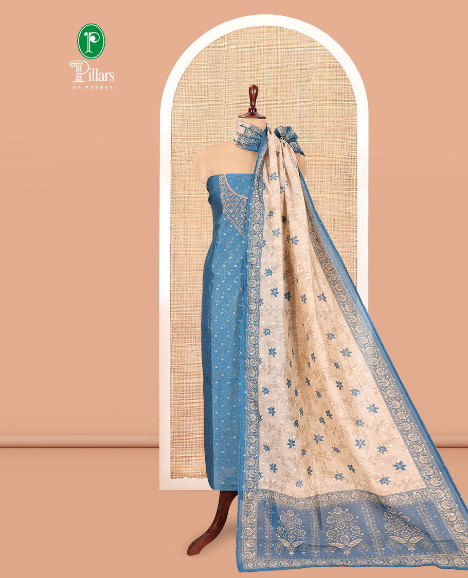 Rama Blue Chanderi Tissue Material Chudiddar, Buttas Neckwork Top, Plain Bottom, Contrast Floral Dupatta