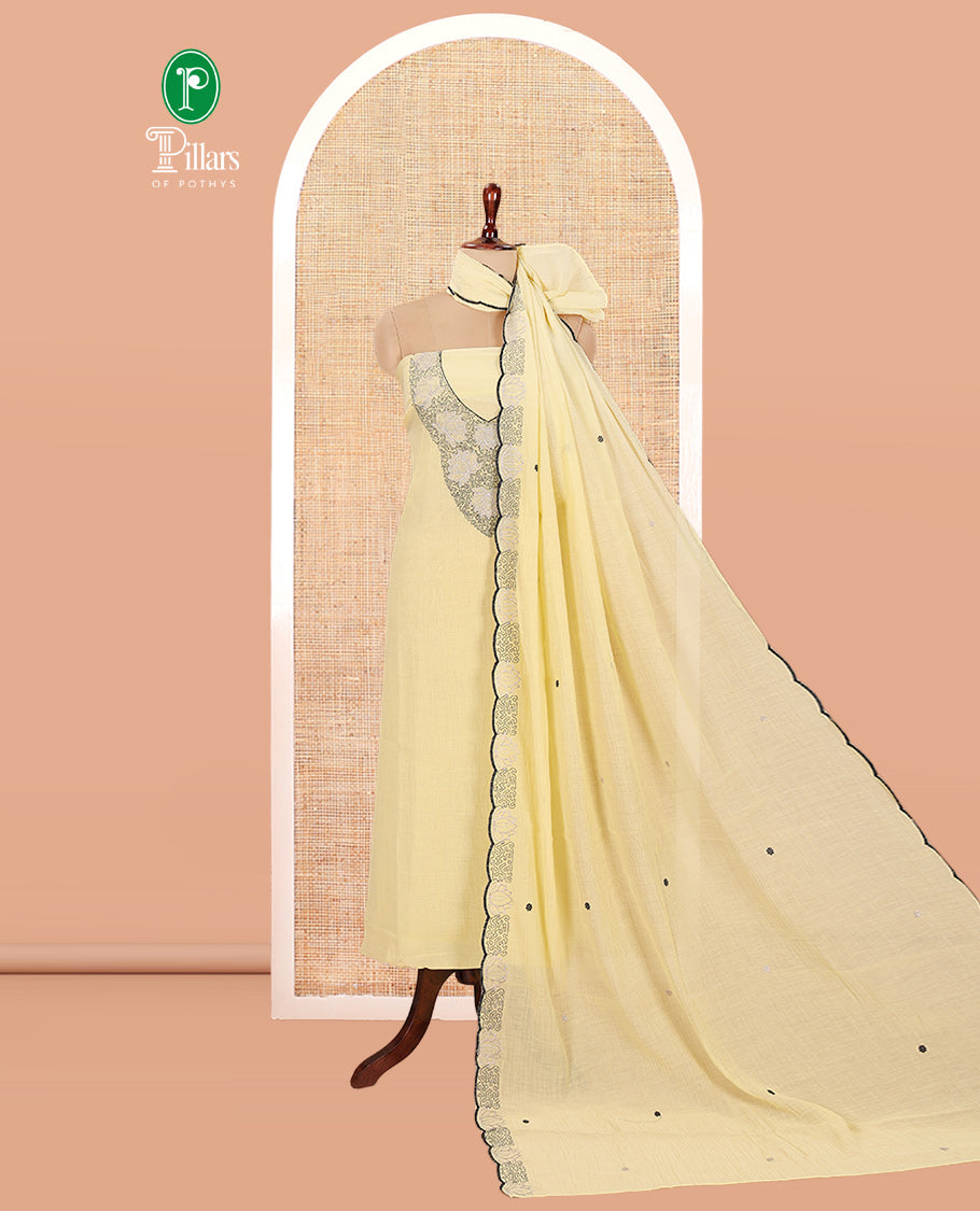 Yellow Mul Chanderi Material Chudiddar, Floral Embroidered Top, Plain Bottom, Embroidered Dupatta