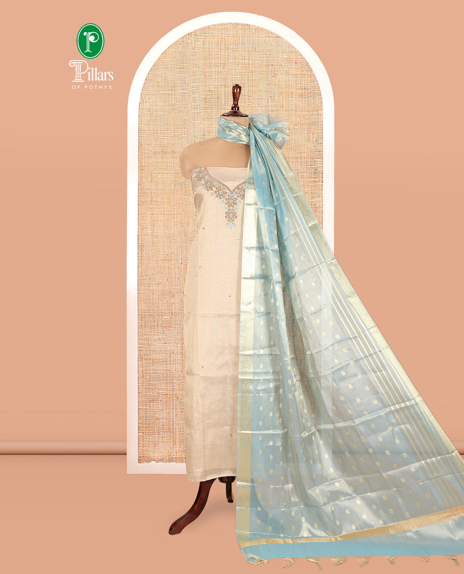 Chikku-Sea Blue Shimmer Tissue Material Churidar, Elevated with Bead Neck Embroidered Top, a Contrast Bottom, and a Sparsely Woven Dupatta