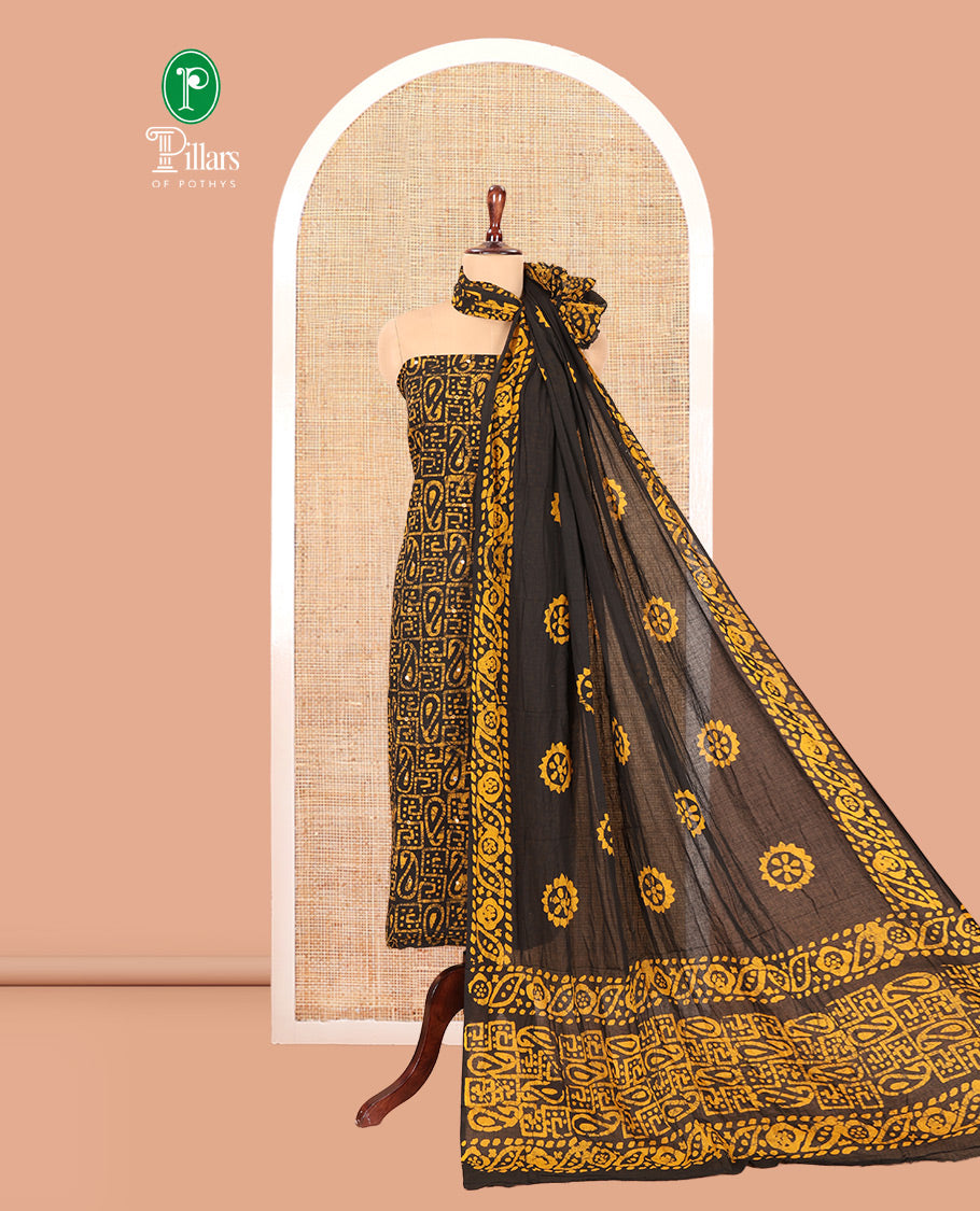 Black-Mustard Cotton Material Churidar Set, Paisley Batik Printed Top, a Matching Bottom, a Batik Printed Dupatta