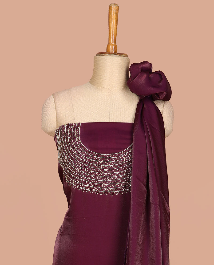 Dark wine color antique jewellery design velevet organza chudidhar material top with american crepe material pant & one side hand work dupatta