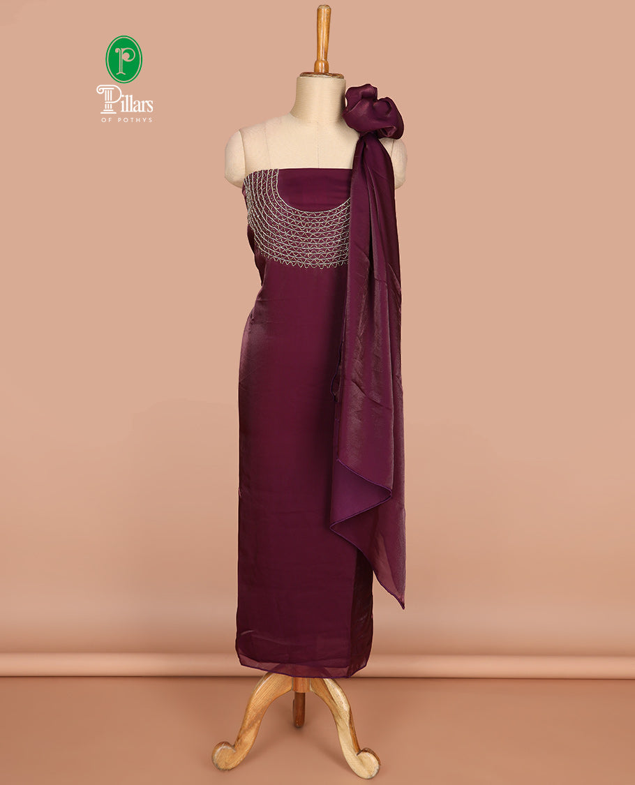 Dark wine color antique jewellery design velevet organza chudidhar material top with american crepe material pant & one side hand work dupatta