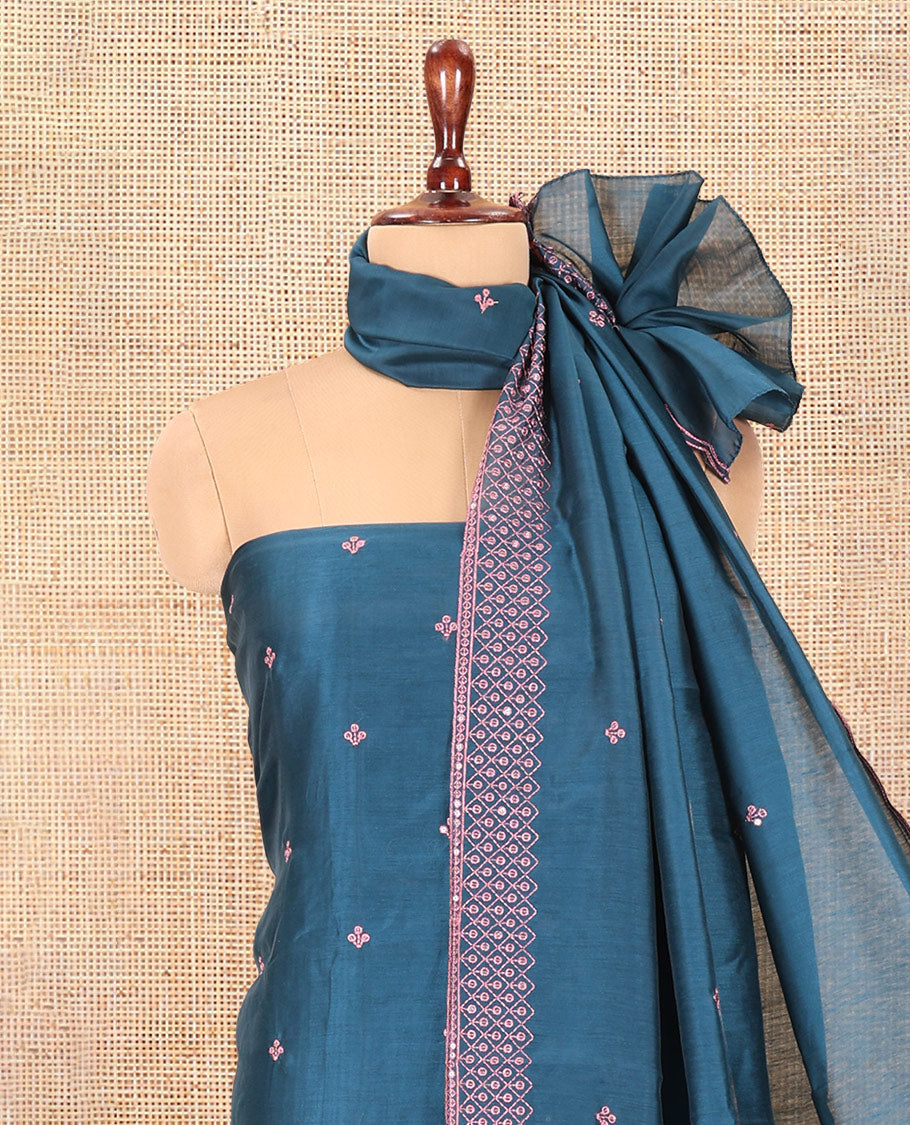 Peacock Blue Semi-Silk Material Churidar Thread-Sequins Embroidered Top, a Plain Bottom, a Embroidered Dupatta