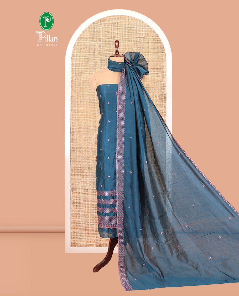 Peacock Blue Semi-Silk Material Churidar Thread-Sequins Embroidered Top, a Plain Bottom, a Embroidered Dupatta