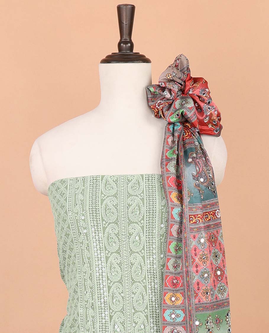 Pista green lucknowi design, mango design embroidery georgette chudidhar material top with american crepe pant & chinnon material digital print, mirror work,lace border dupatta
