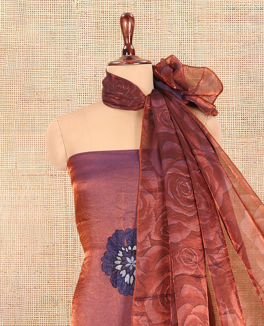 Wine Velvet Organza Designer Material Chudidar, Floral Embroidery Top, Plain Bottom, Rose Printed Dupatta