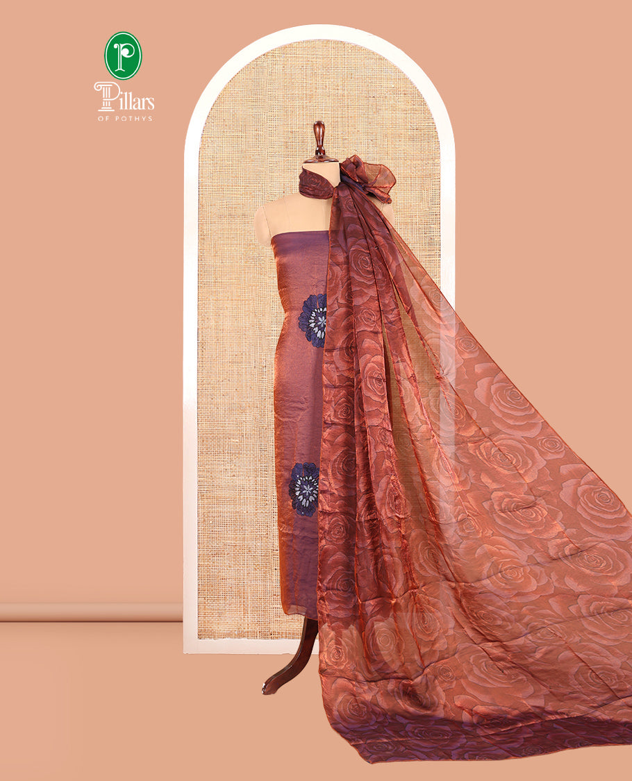 Wine Velvet Organza Designer Material Chudidar, Floral Embroidery Top, Plain Bottom, Rose Printed Dupatta