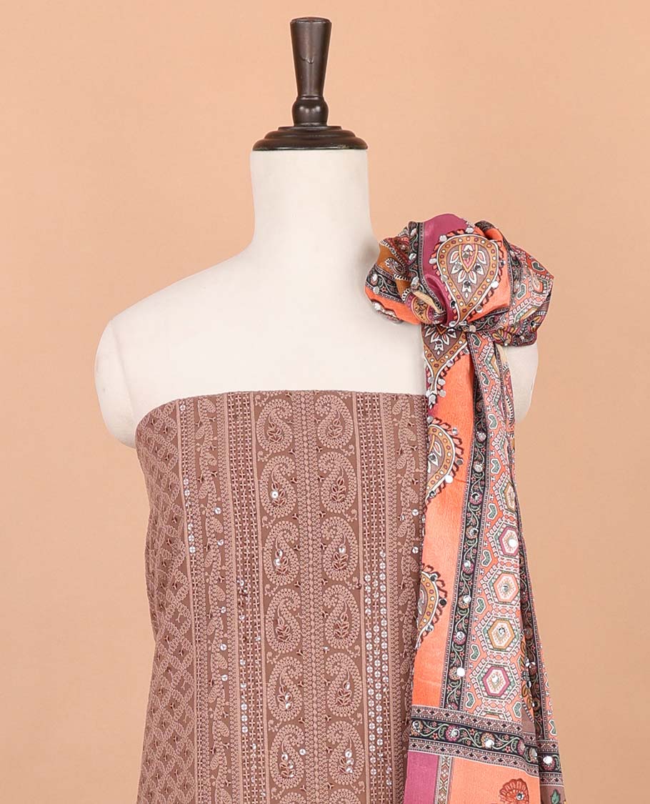 Chocolate brown lucknowi design, mango design embroidery georgette chudidhar material top with american crepe pant & chinnon material digital print, mirror work,lace border dupatta