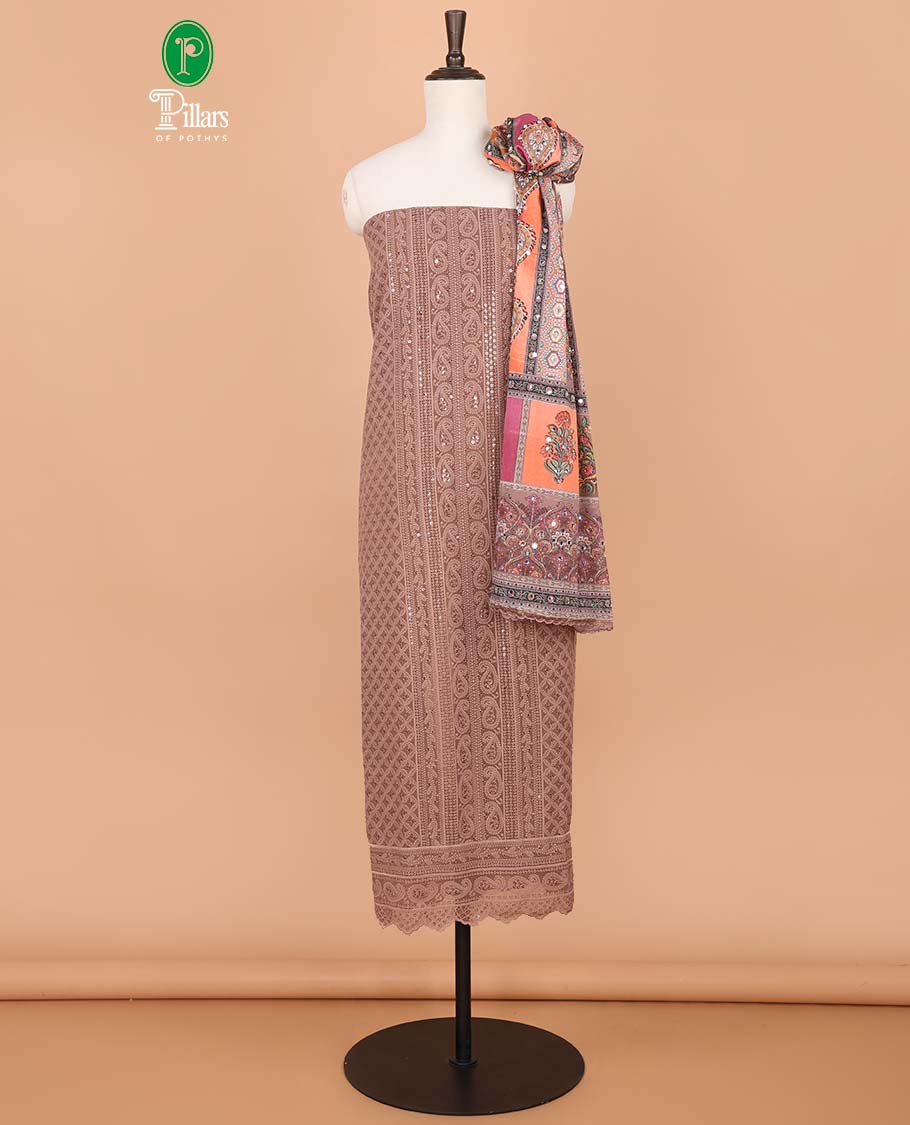 Chocolate brown lucknowi design, mango design embroidery georgette chudidhar material top with american crepe pant & chinnon material digital print, mirror work,lace border dupatta