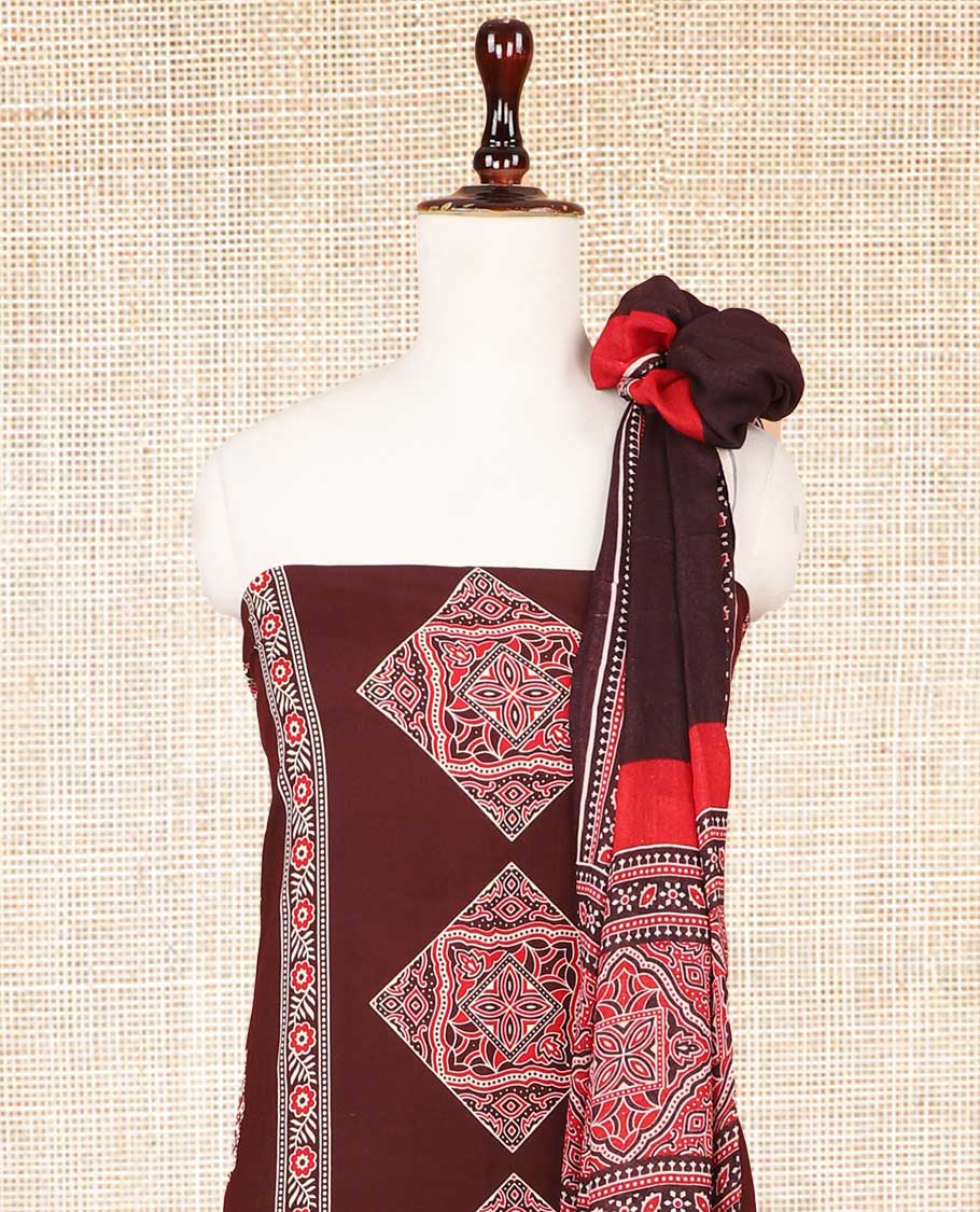 Brown ajrak print rayon chudidhar material top with rayon material printed pant & mul mul votton ajrak printed dupatta