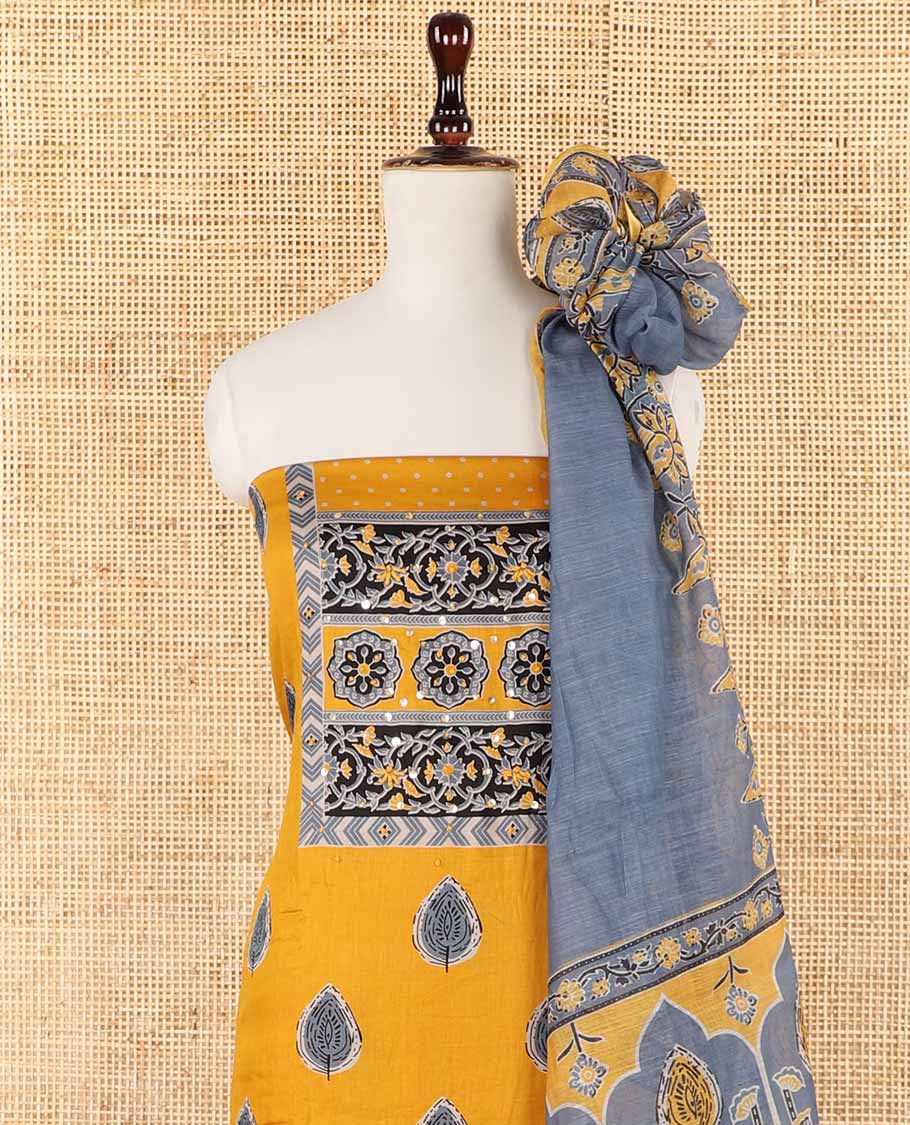 Yellow with ash color ajrak print , french knot hand work satin cotton chudidhar material top with cotton pant & ajrak two side lace border dupatta