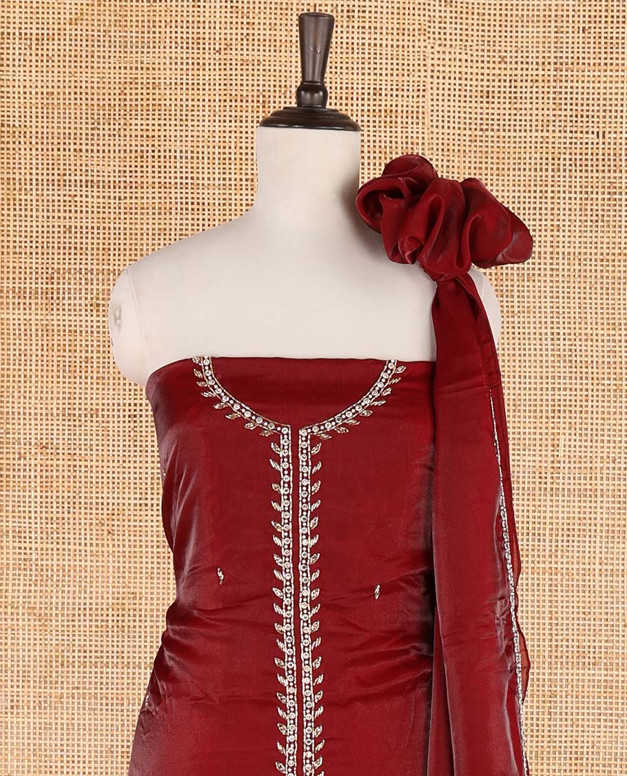 Maroon sherwani pattern , hand work velvet organza chudidhar material top with american crepe pant & one side bead work dupatta