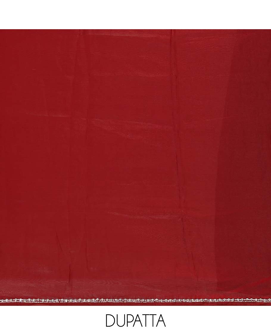 Maroon sherwani pattern , hand work velvet organza chudidhar material top with american crepe pant & one side bead work dupatta