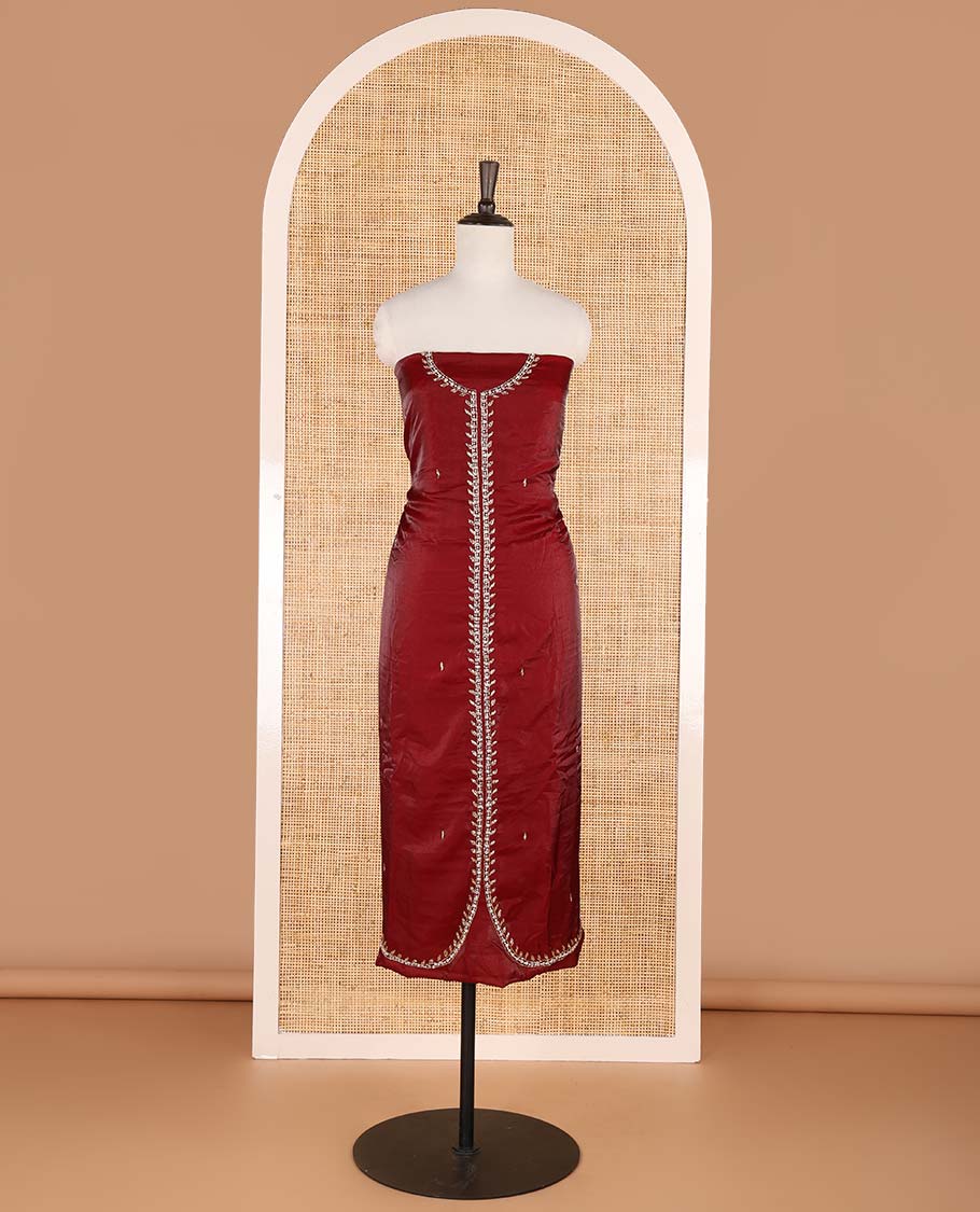 Maroon sherwani pattern , hand work velvet organza chudidhar material top with american crepe pant & one side bead work dupatta