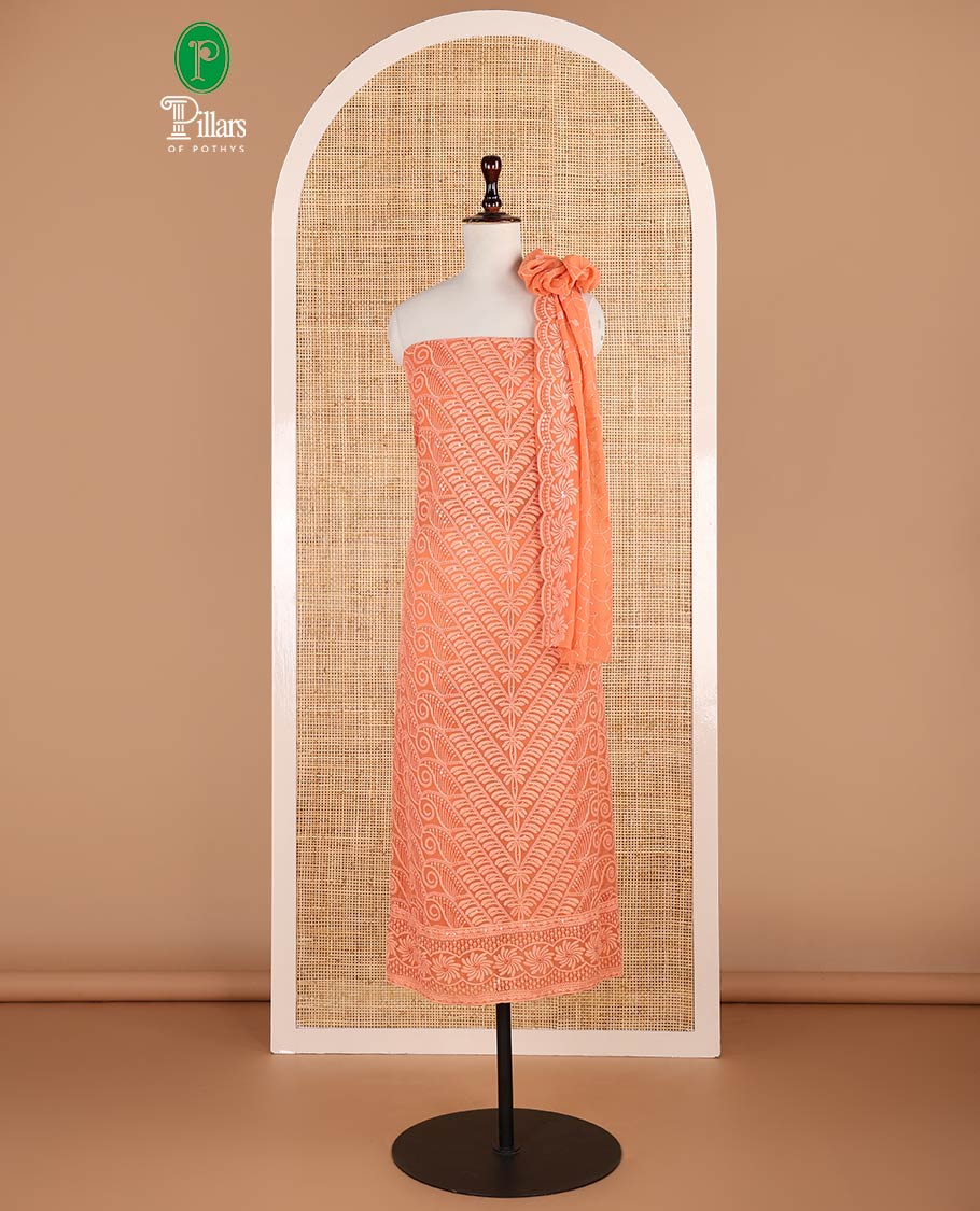 Dusty peach shifli sequins embroidery georgette chudidhar material top with american crepe pant & sequins embroidery, scallop cut dupatta