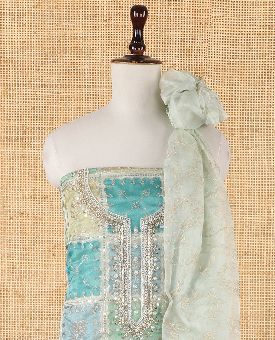 Blue-ombre organza chudidar material set, position print & intricately bead embroidered top, floral vine zari embroidery dupatta & plain santoon bottom