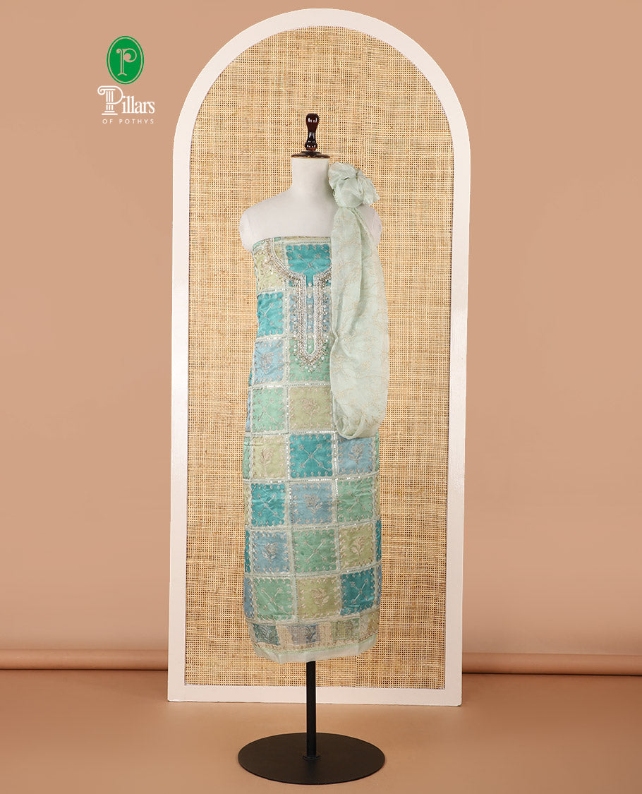 Blue-ombre organza chudidar material set, position print & intricately bead embroidered top, floral vine zari embroidery dupatta & plain santoon bottom