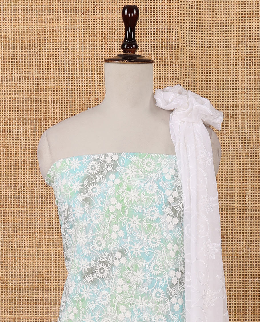 Green chudidar material set, shibori-print & floral vine chikankari embroidered top,printed cotton bottom & floral chikankari embroidery chiffon dupatta