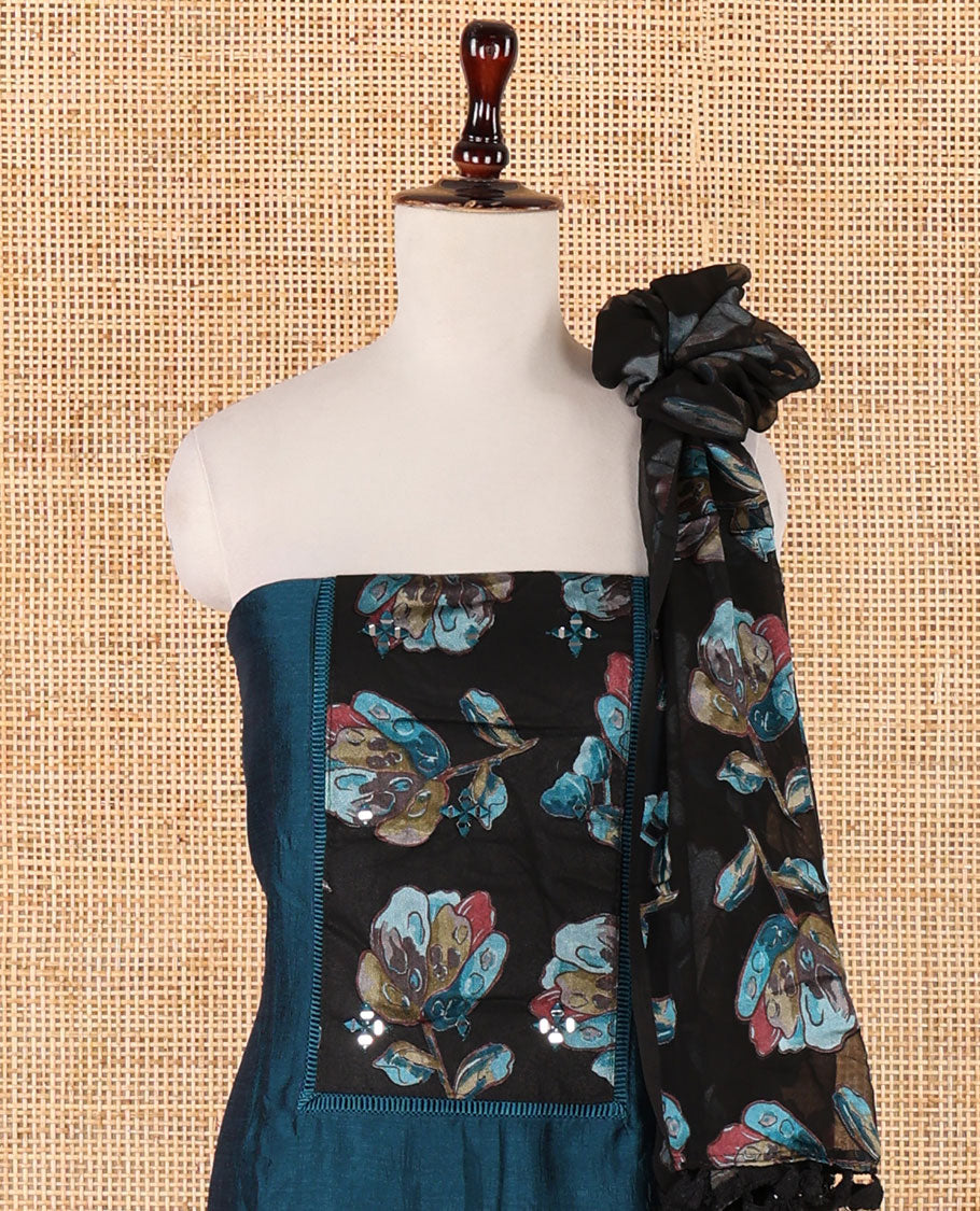 Blue chudidhar material,brasso floral print & mirrorwork patch neck vichitra silk top,santoon bottom & brasso floral print dupatta