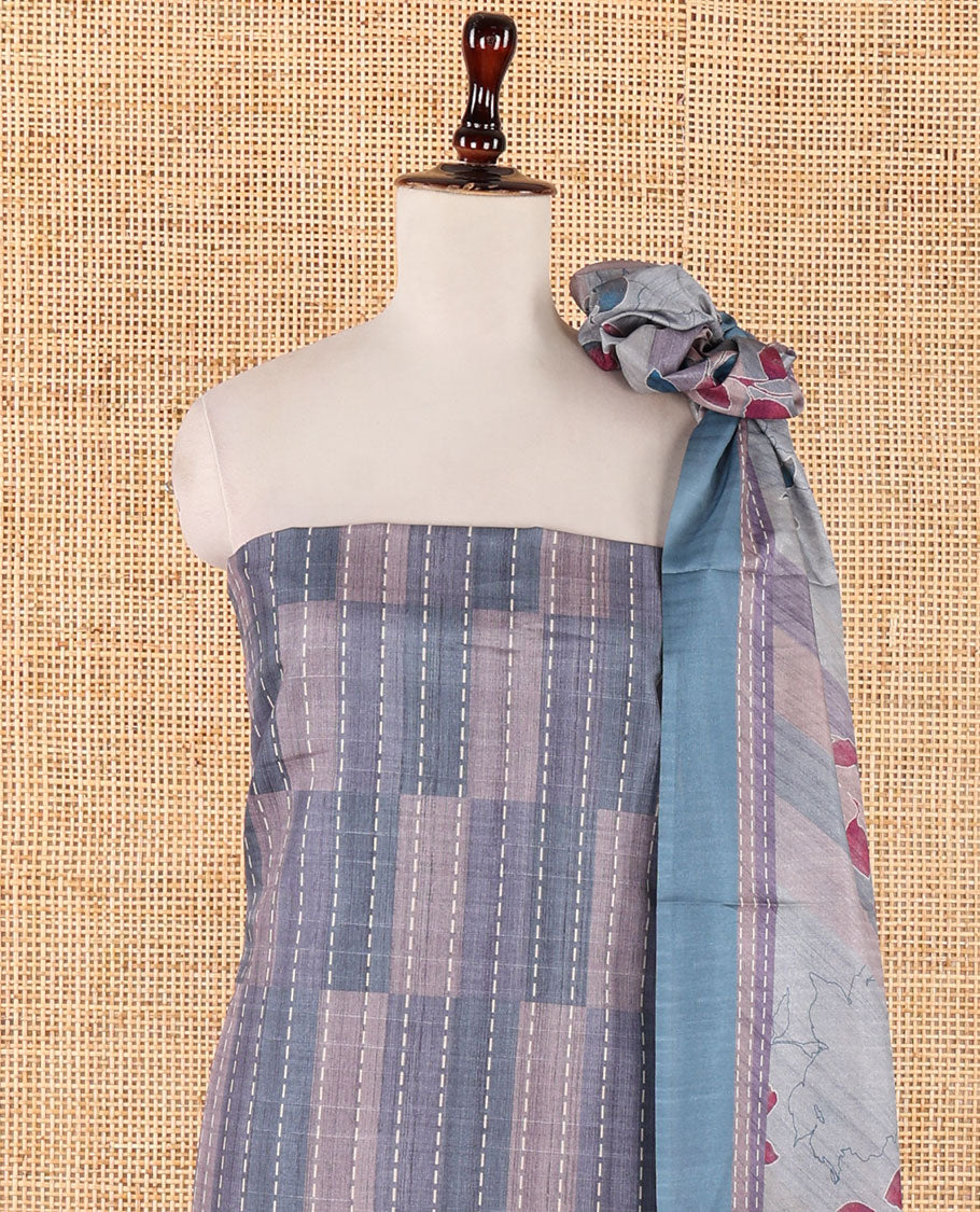 Blue semi-tussar material chudidar set,geometric & kantha print top,heathered plain bottom & dupatta of geometric & floral print