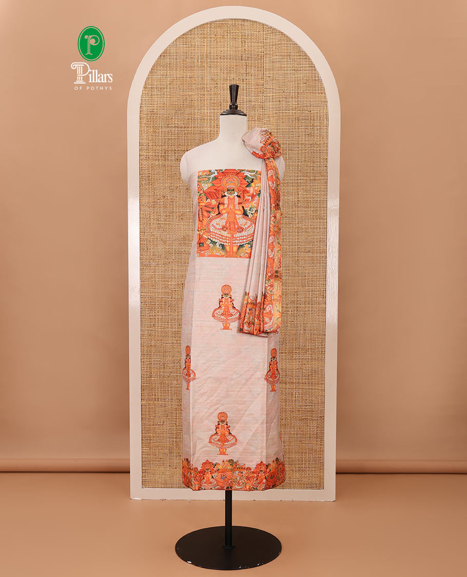 Cream chudidar material set, traditional Kerala Kathak printed semi tussar top, plain santoon bottom, & Kathak printed semi tussar dupatta