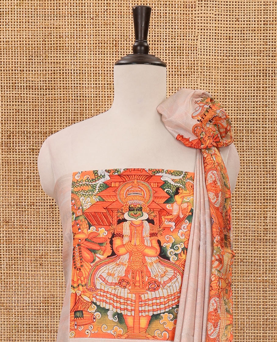 Cream chudidar material set, traditional Kerala Kathak printed semi tussar top, plain santoon bottom, & Kathak printed semi tussar dupatta