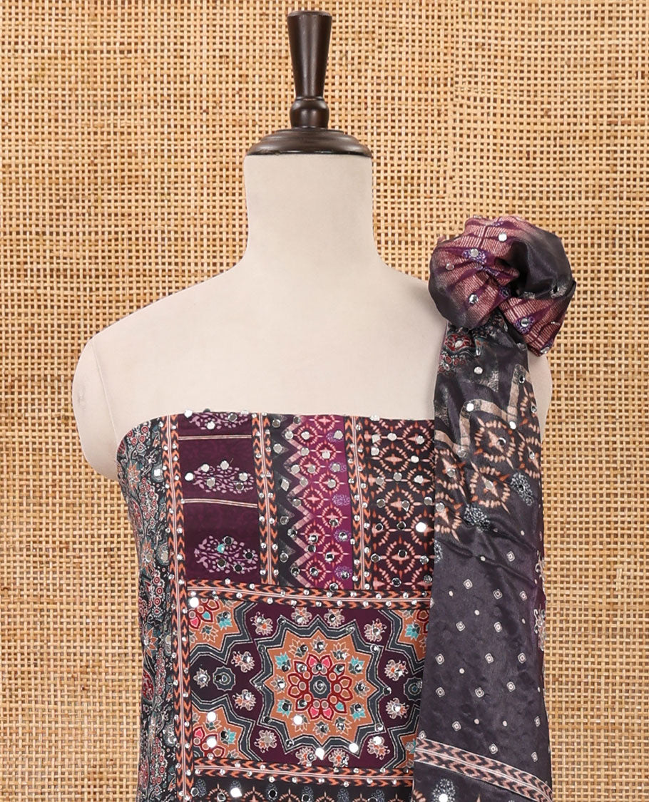 Black & magenta material chudidar set, Arjrakh print & mirror work Masakali crepe top,santoon bottom & Arjrakh print & mirrorwork chinon dupatta