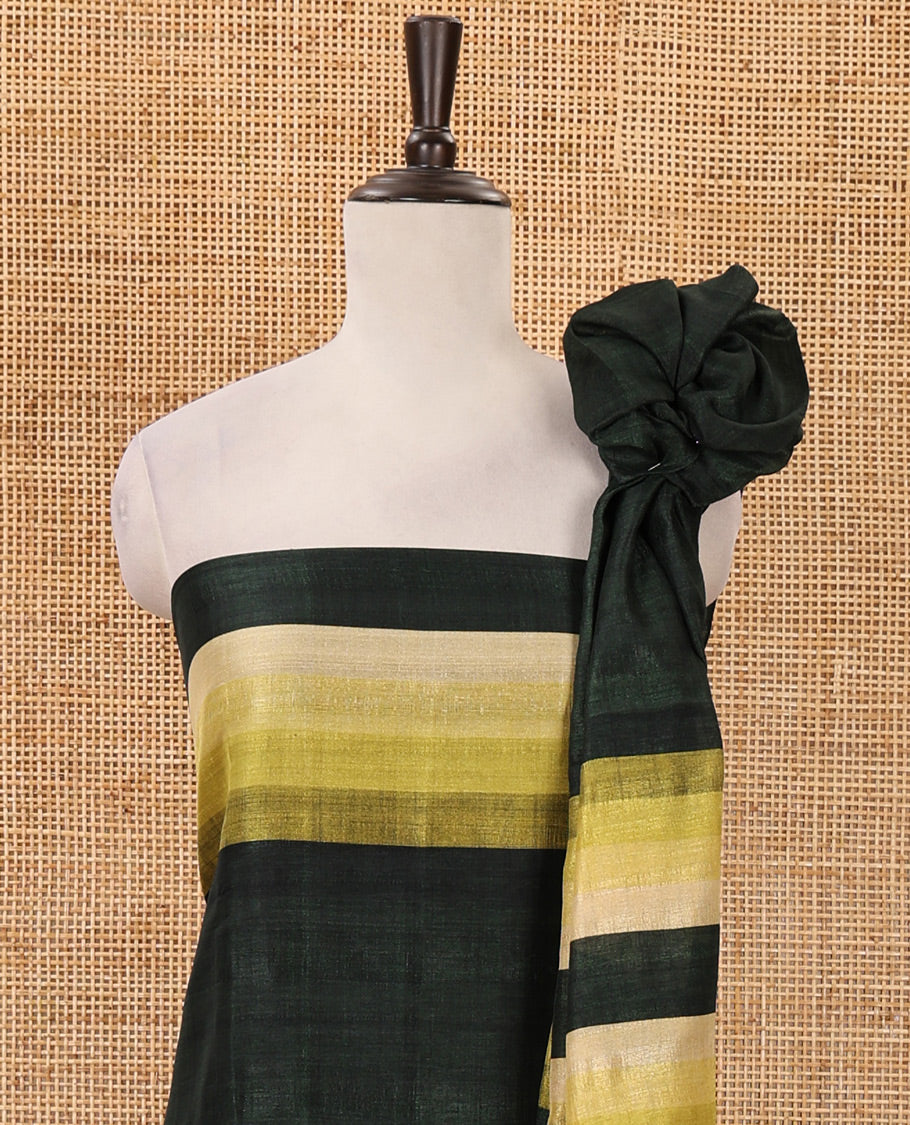 Green material chudidar set, horizontal ombre striped semi-tussar top, plain santoon bottom & horizontal ombre striped dupatta with tassels
