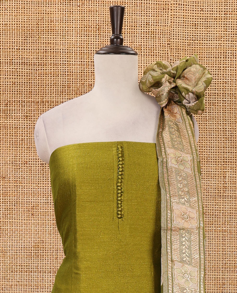 Parrot green material chudidar set, plain with neck work vichitra silk top, cotton bottom & baraso floral printed dupatta