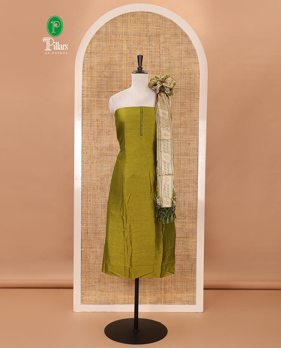 Parrot green material chudidar set, plain with neck work vichitra silk top, cotton bottom & baraso floral printed dupatta