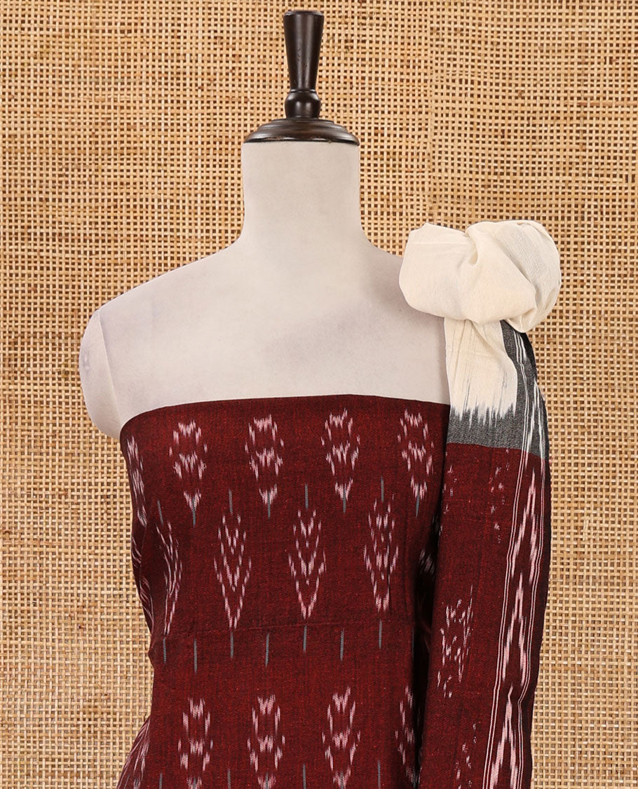 Maroon material chudidar set, pochampally ikkat printed pure cotton top,contrast cream cotton bottom & pochampally ikkat printed dupatta