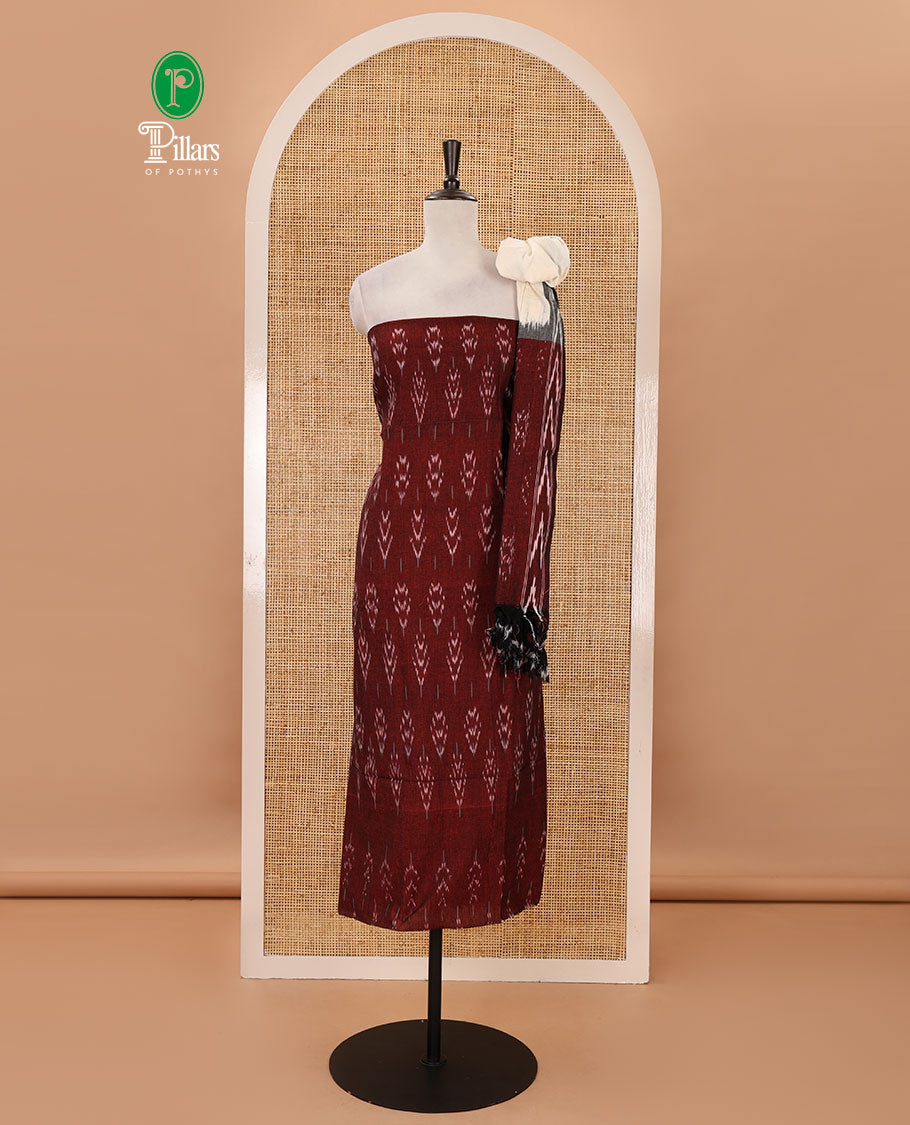 Maroon material chudidar set, pochampally ikkat printed pure cotton top,contrast cream cotton bottom & pochampally ikkat printed dupatta