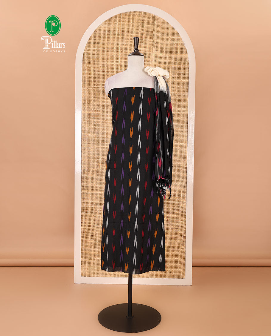 Black material chudidar set, multi-color buttas woven pochampally pure ikkat cotton top, contrast cream bottom & ikkat motifs cotton dupatta