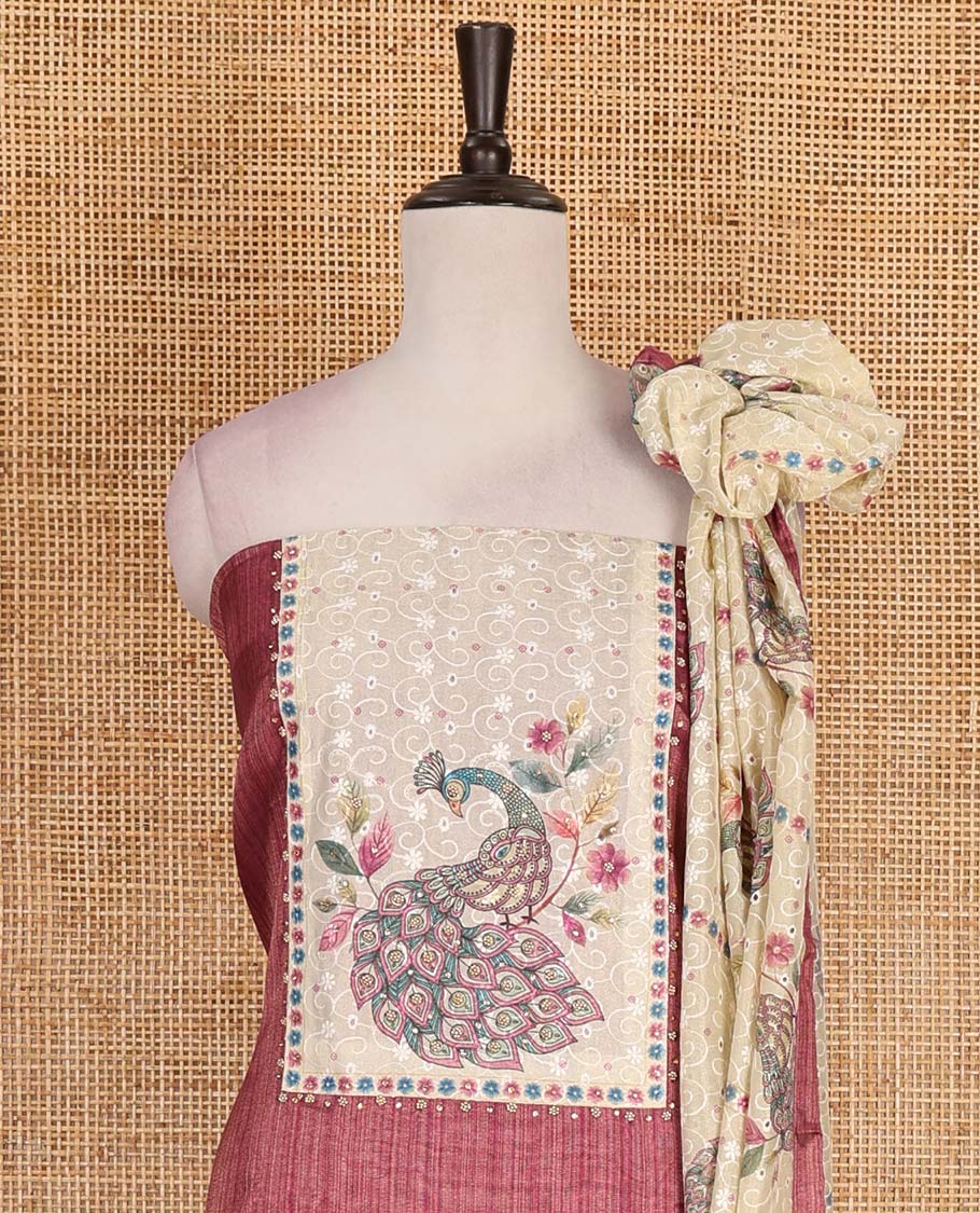Magenta tissue material chudidar set, peacock printed with neck patch embroidered top, plain bottom, dupatta of peacock print, and cut work