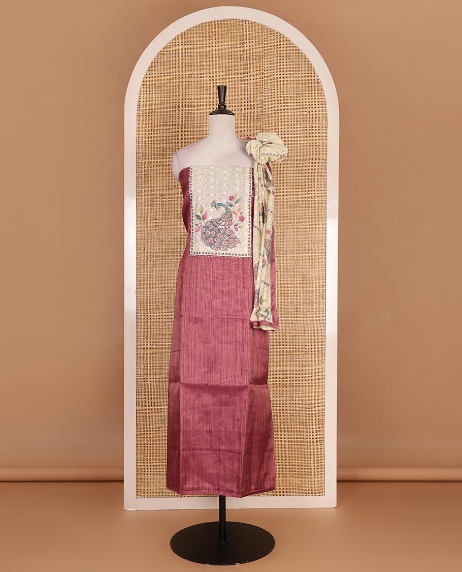 Magenta tissue material chudidar set, peacock printed with neck patch embroidered top, plain bottom, dupatta of peacock print, and cut work