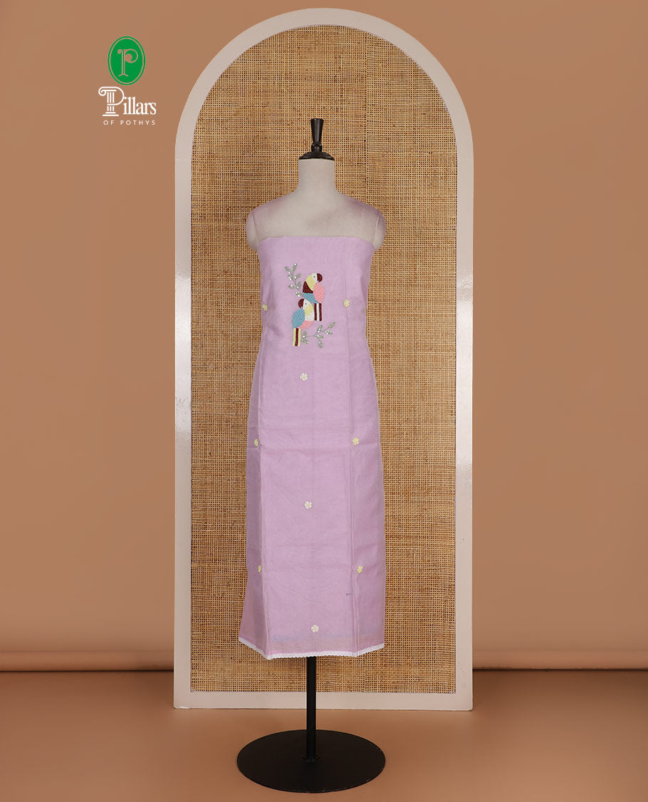 Lavender net kota material chudidar set, macaw parrot, and flower motifs, multi-color sugar bead embroidered top, plain santoon bottom, and sugar bead embroidered dupatta