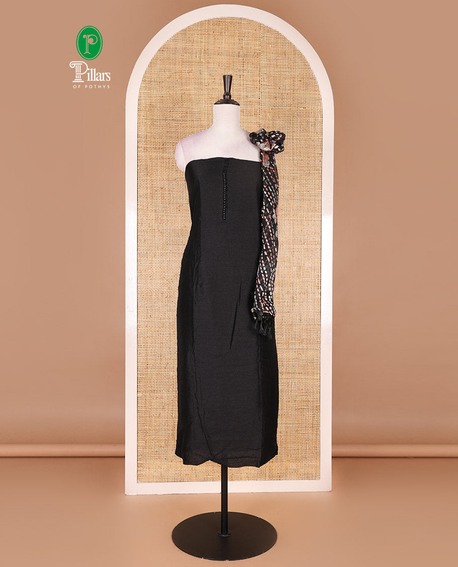 Black material chudidar set, plain with fancy thermacol balls neck work Vichitra top, cotton bottom, and floral with bandhani printed dupatta