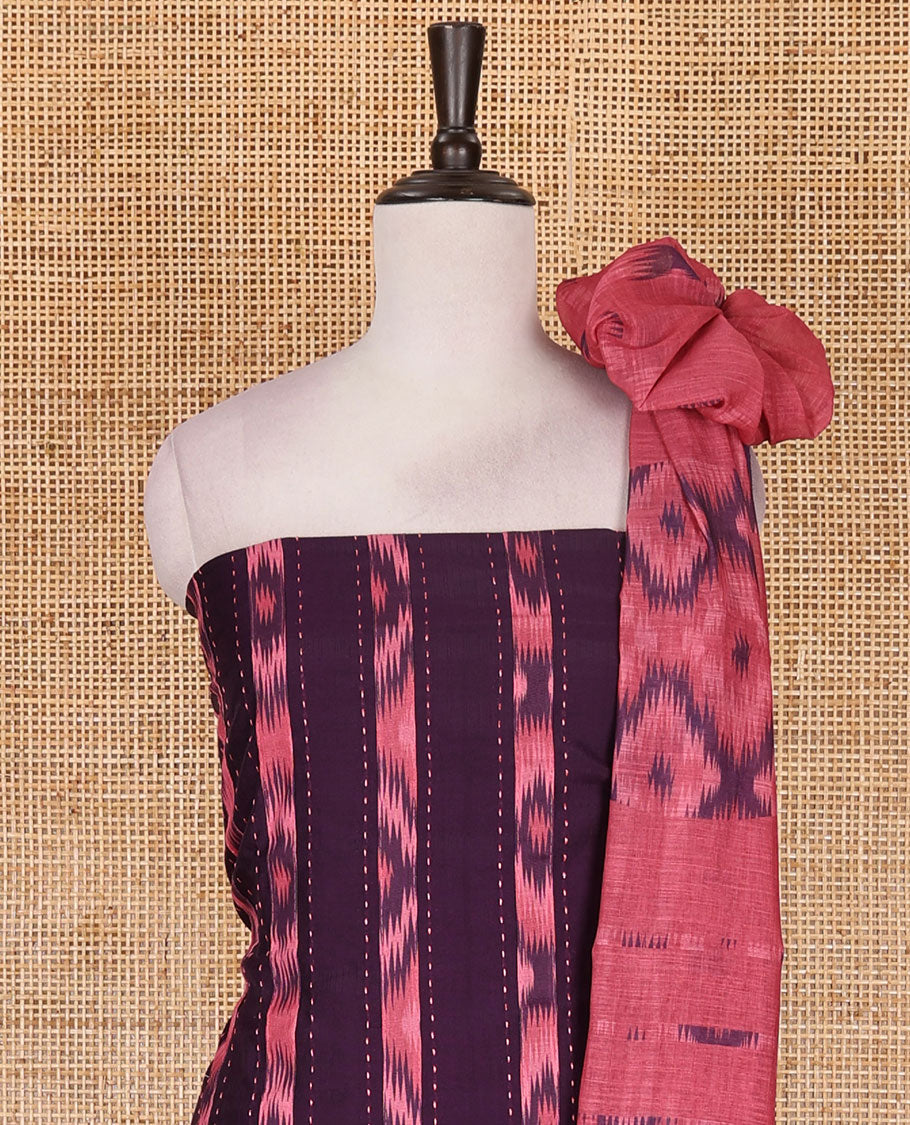 Wine Vertican silk material chudidar set, vertical ikkat stripes, and kantha work top, contrast plain slub cotton bottom, and linen contrast ikkat printed zari border dupatta