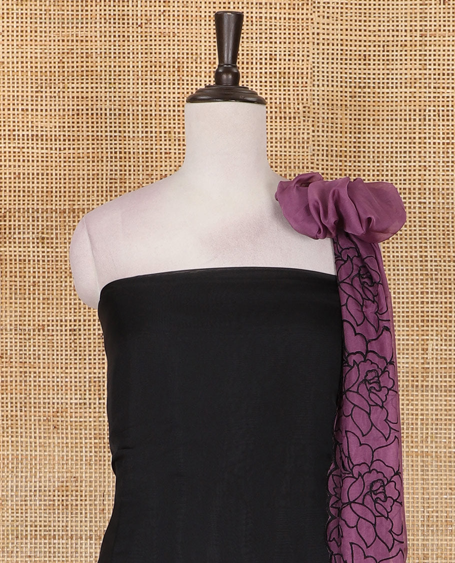 Black and lavender organza material churidar set, Lucknowi chikankari floral vine embroidery top, plain bottom, and contrast floral embroidery dupatta