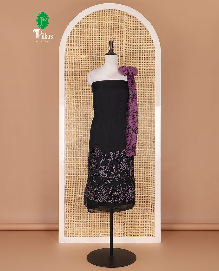 Black and lavender organza material churidar set, Lucknowi chikankari floral vine embroidery top, plain bottom, and contrast floral embroidery dupatta