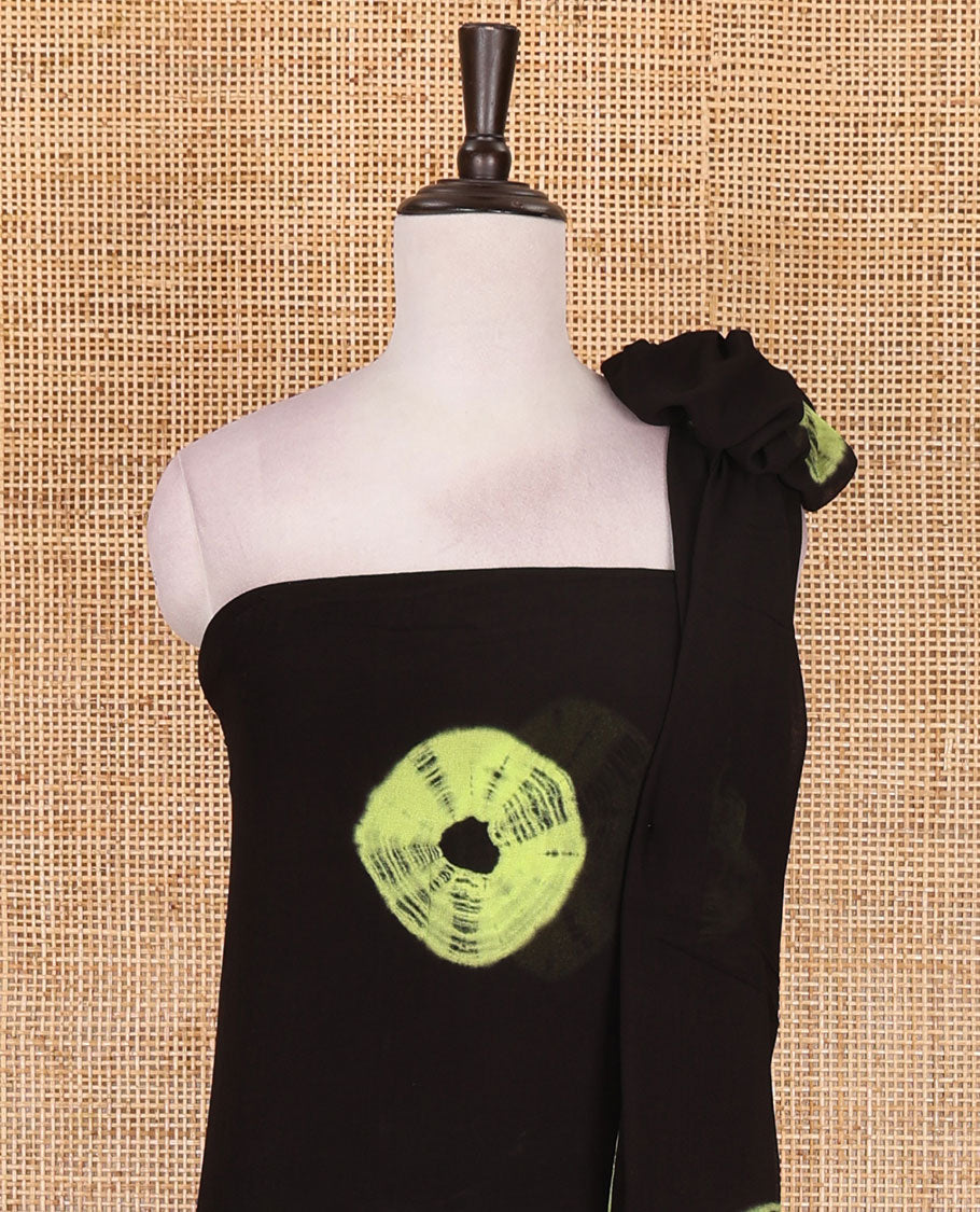 Black and green viscose georgette material churidar set, big bandhani dots printed top, plain bottom, and big bandhani dots printed dupatta