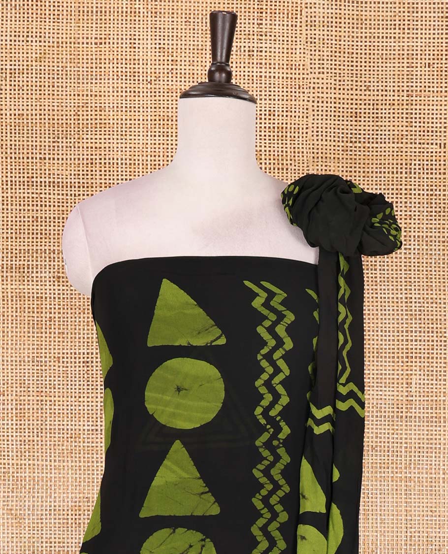 Black and green viscose georgette material churidar set, geometric shapes batik hand block printed top, plain bottom, and batik hand block printed dupatta