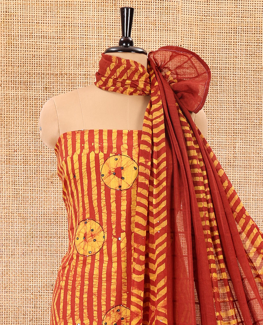 Yellow material chudidar set, batik print, mirror work and kantha work cotton top, cotton bottom, and batik printed dupatta