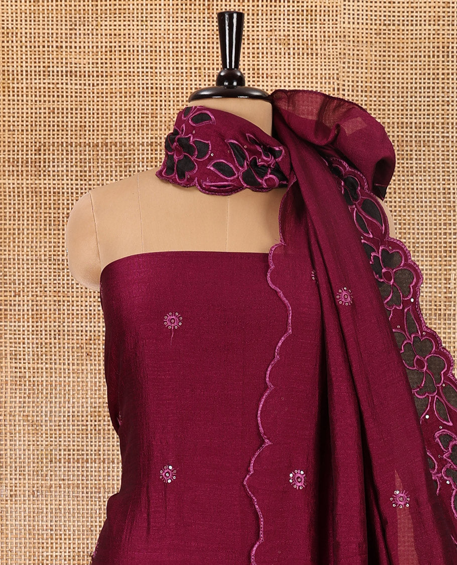 Magenta material chudidar set, sequins work with floral Aplic embroidered Vichitra silk top, matching bottom, and an embroidered dupatta