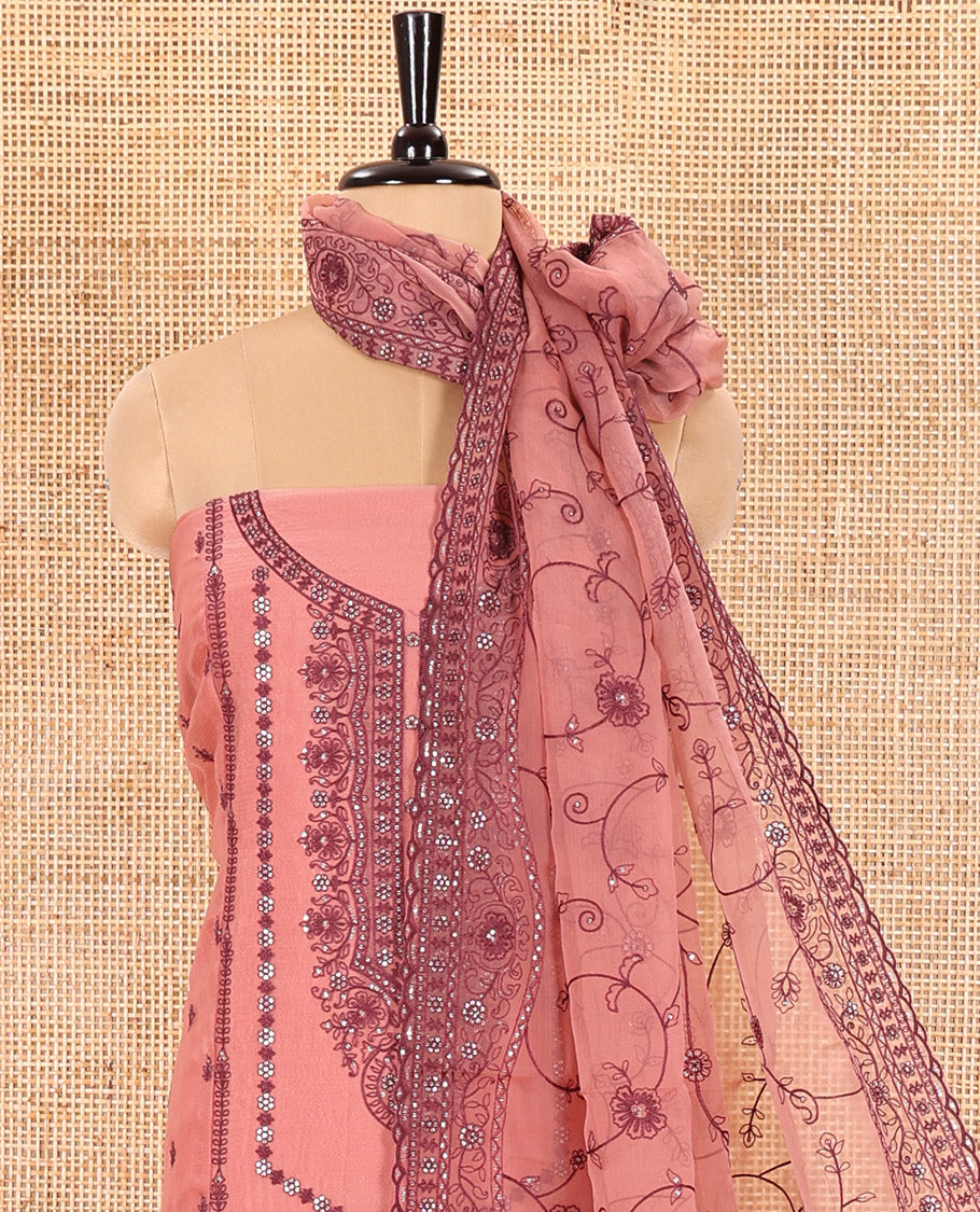 Dusky Magenta Material Chudidar Set Adorned with Embroidered Organza Chiffon Top, Subtly Made Plain Santoon Bottom, and a Organza Dupatta Featuring Floral Jaal Embroidery
