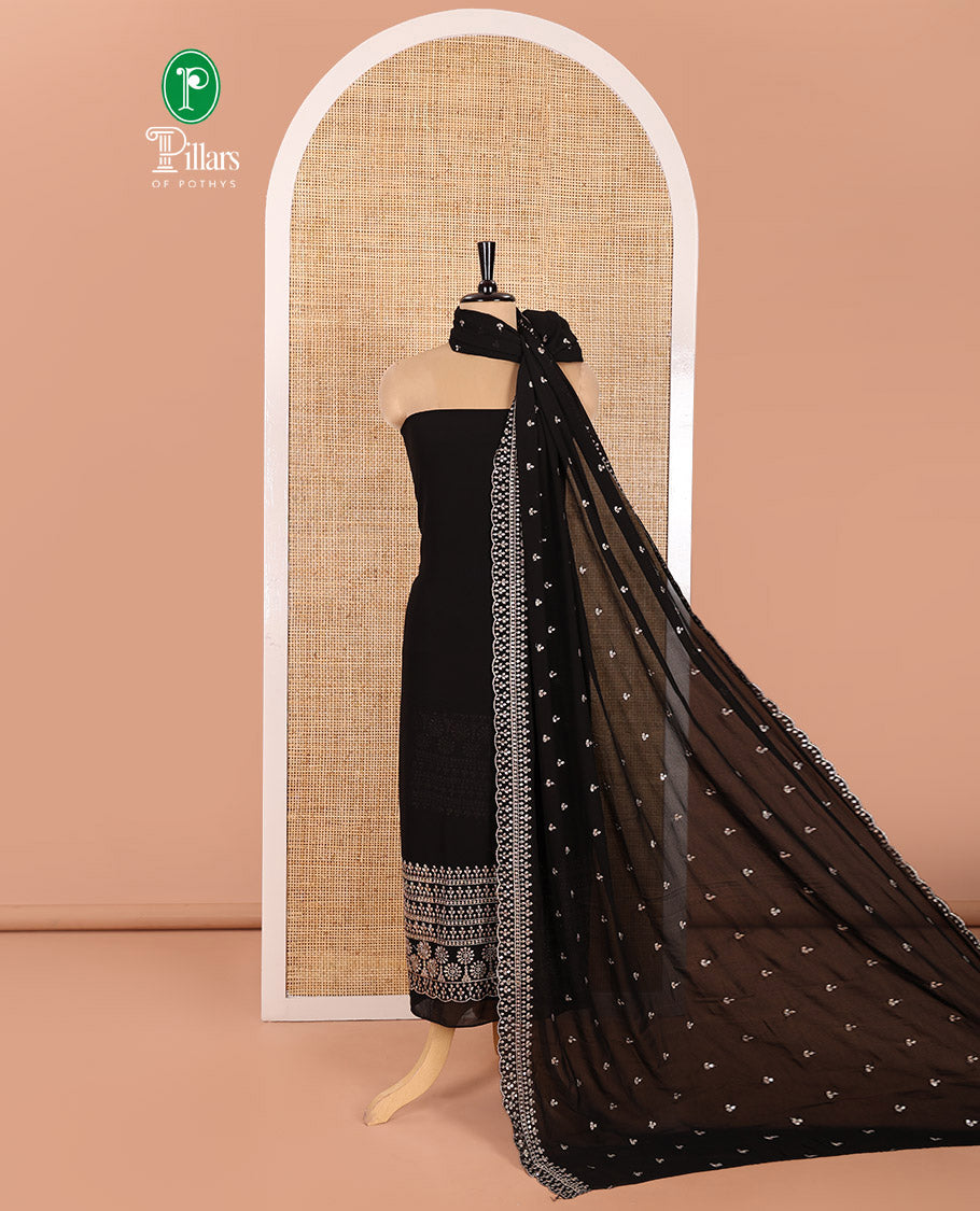 Black Material Chudidar Set, Gleamed Up with Thread and Sequins Embroidered Georgette Top, Subtly Made American Crepe Bottom, and Georgette Heavy Embroidery Dupatta