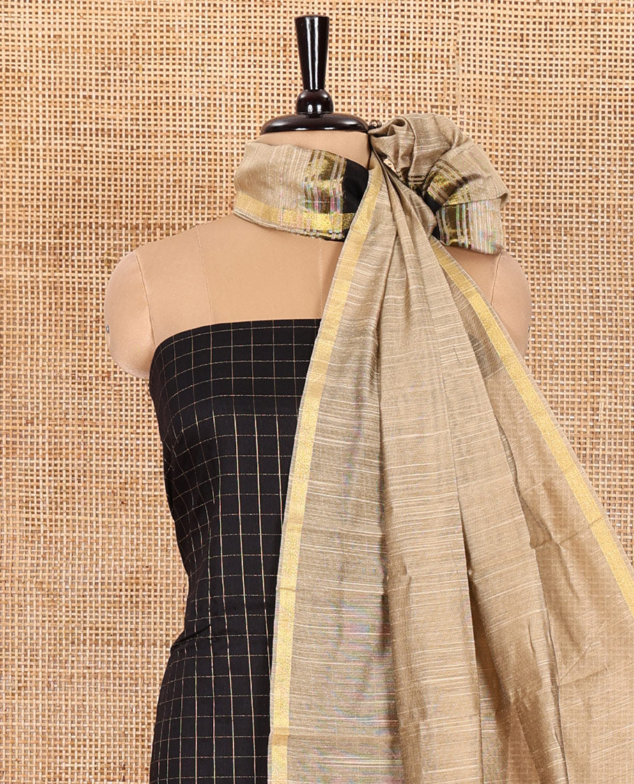 Black Material Chudidar Set, Accentuated with Zari Checks All Over Its Semi-Silk Top, Comes with a Subtle Plain Bottom, and a Contrast Semi-Silk Dupatta of Zari Border and Tassels