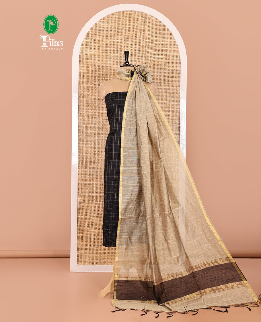 Black Material Chudidar Set, Accentuated with Zari Checks All Over Its Semi-Silk Top, Comes with a Subtle Plain Bottom, and a Contrast Semi-Silk Dupatta of Zari Border and Tassels